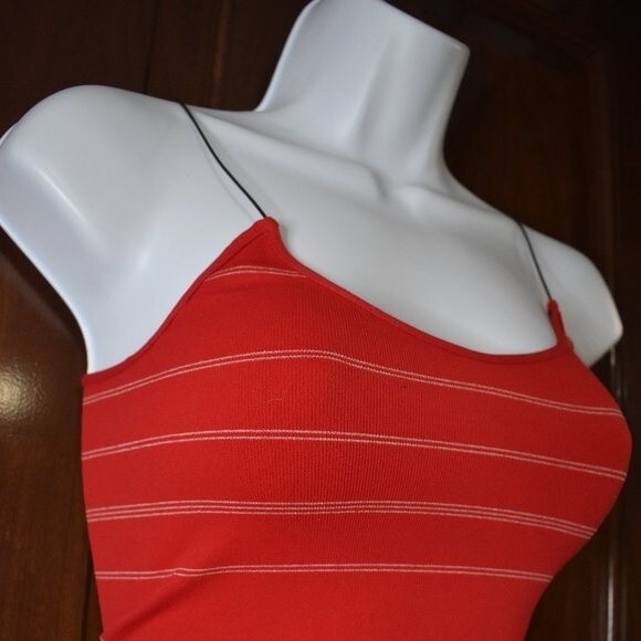 Womens Seamless Red and White Striped Spaghetti String Cropped Tank Top - Picture 4 of 11